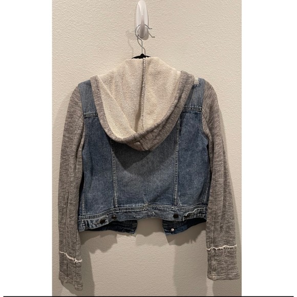 FREE PEOPLE Knit Sweatshirt Hooded Denim Jacket - Picture 4 of 4